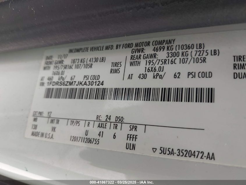 2018 Ford Transit-350 Cab VIN: 1FDRS6ZM7JKA30124 Lot: 41867322