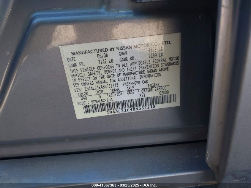 2008 Nissan Altima 2.5 S VIN: 1N4AL21E48N552218 Lot: 41867363