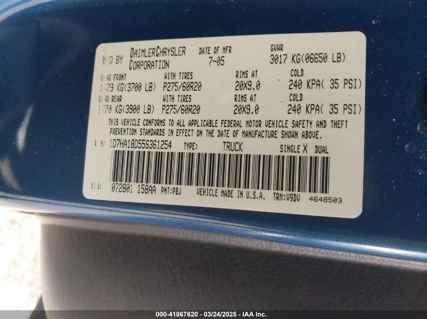 2005 Dodge Ram 1500 Slt/Laramie VIN: 1D7HA18D55S361254 Lot: 41867620