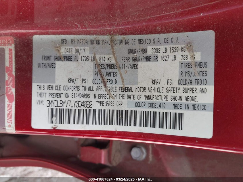 2018 TOYOTA YARIS IA VIN: 3MYDLBYV7JY304892