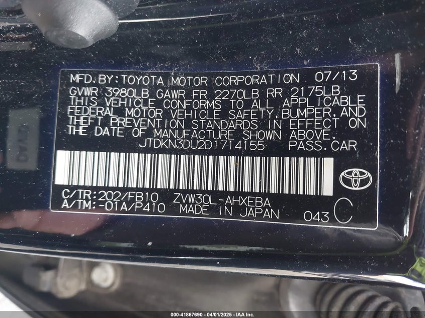 2013 TOYOTA PRIUS VIN: JTDKN3DU2D1714155