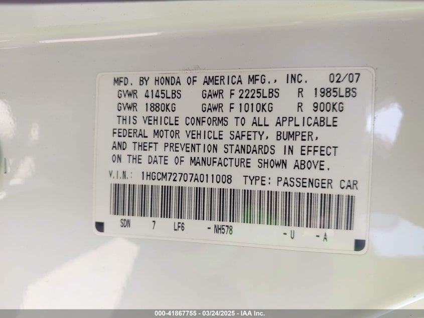 2007 HONDA ACCORD VIN: 1HGCM72707A011008