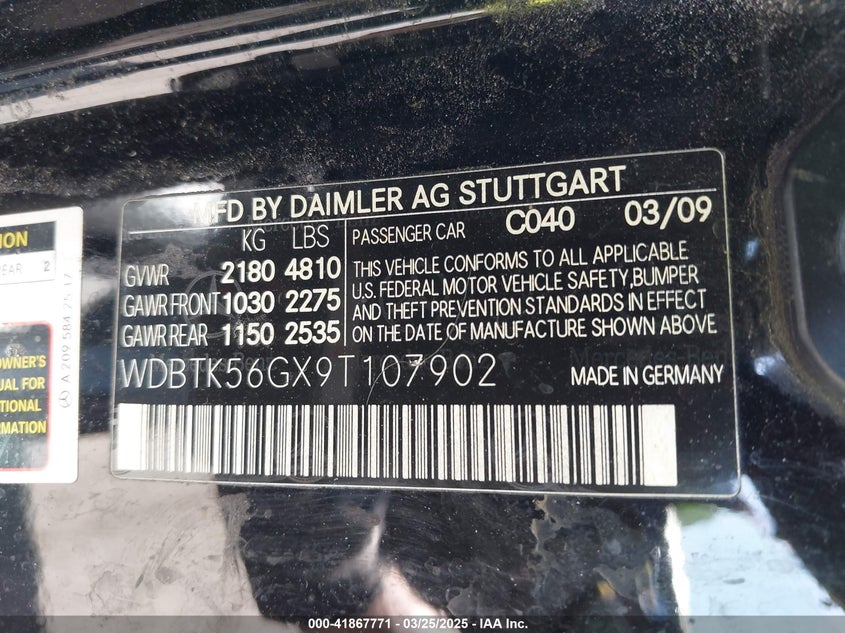 2009 MERCEDES-BENZ CLK 350 VIN: WDBTK56GX9T107902