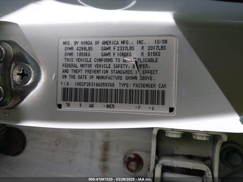 2009 HONDA ACCORD VIN: 1HGCP26319A059749