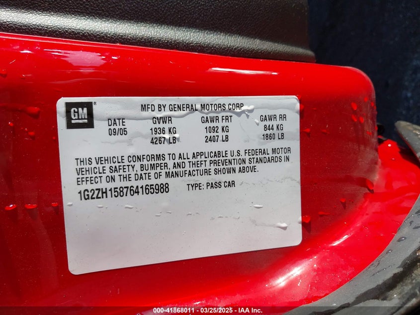 2006 PONTIAC G6 VIN: 1G2ZH158764165988