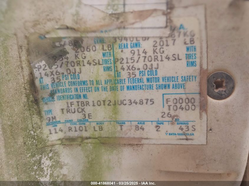 1988 Ford Ranger VIN: 1FTBR10T2JUC34875 Lot: 41868041