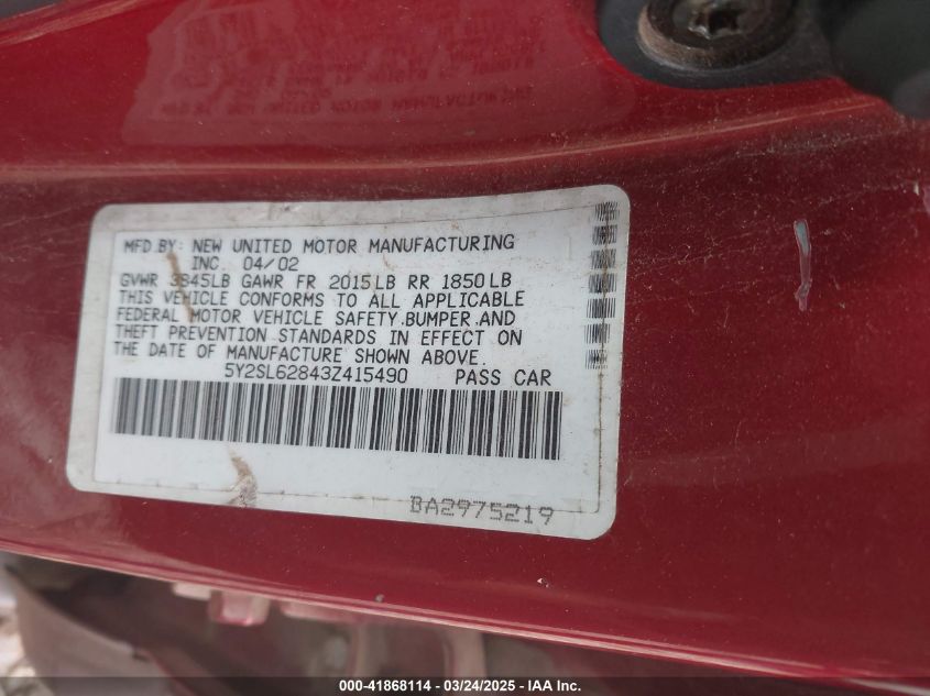 2003 Pontiac Vibe VIN: 5Y2SL62843Z415490 Lot: 41868114