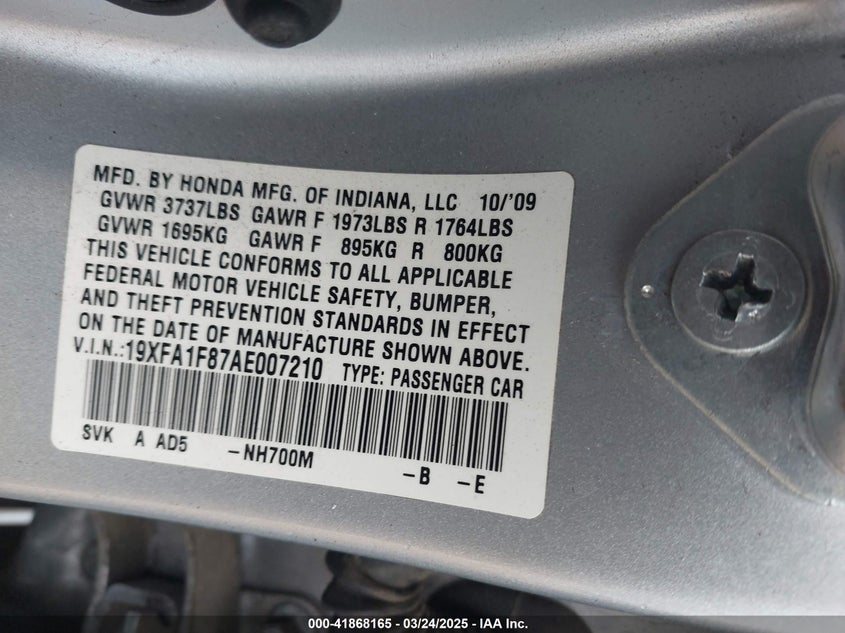 2010 HONDA CIVIC VIN: 19XFA1F87AE007210
