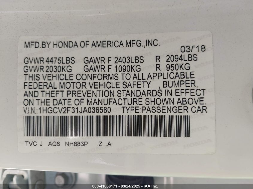 2018 Honda Accord Sport 2.0T VIN: 1HGCV2F31JA036580 Lot: 41868171
