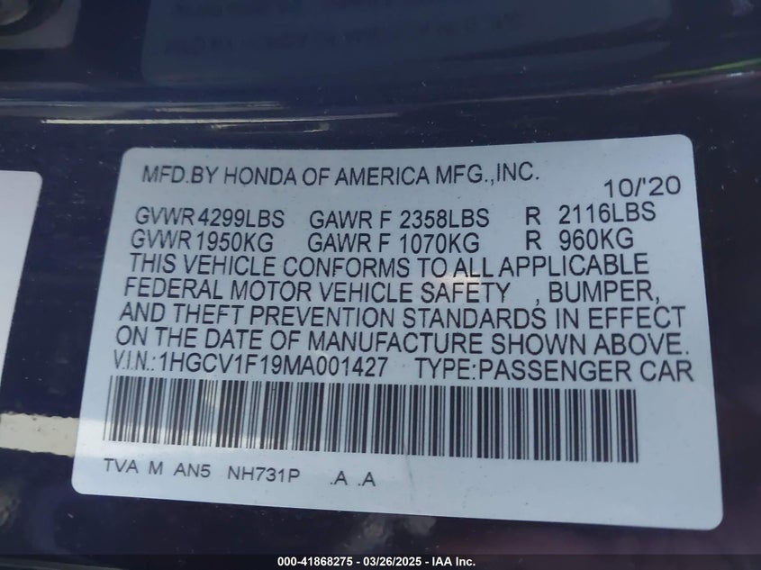2021 HONDA ACCORD VIN: 1HGCV1F19MA001427
