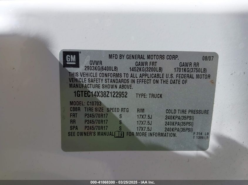 2008 GMC Sierra 1500 Work Truck VIN: 1GTEC14X38Z122952 Lot: 41868300