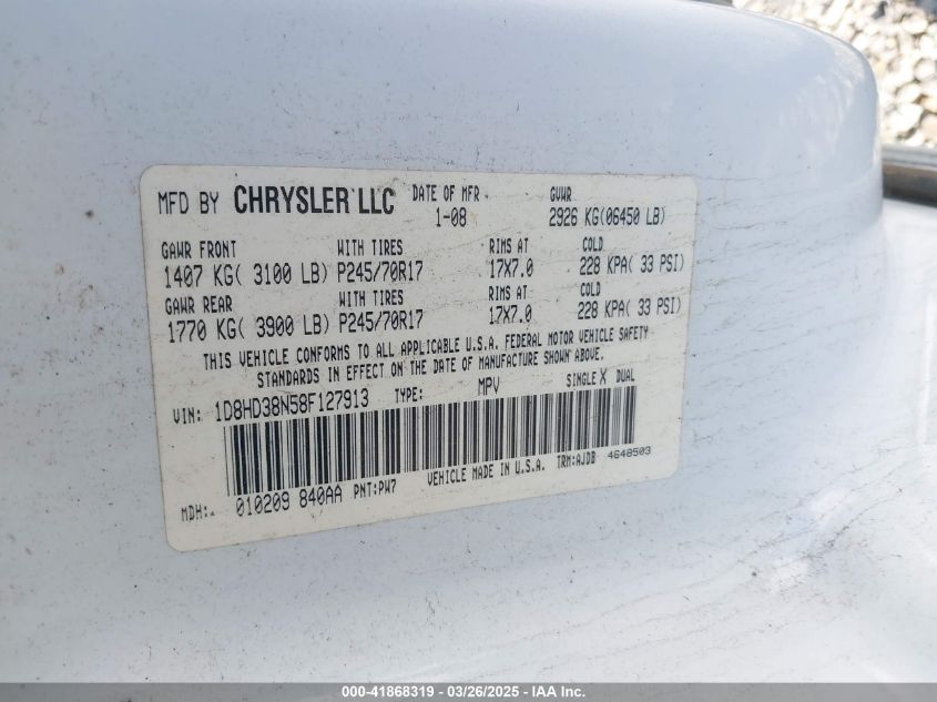 2008 Dodge Durango Sxt VIN: 1D8HD38N58F127913 Lot: 41868319