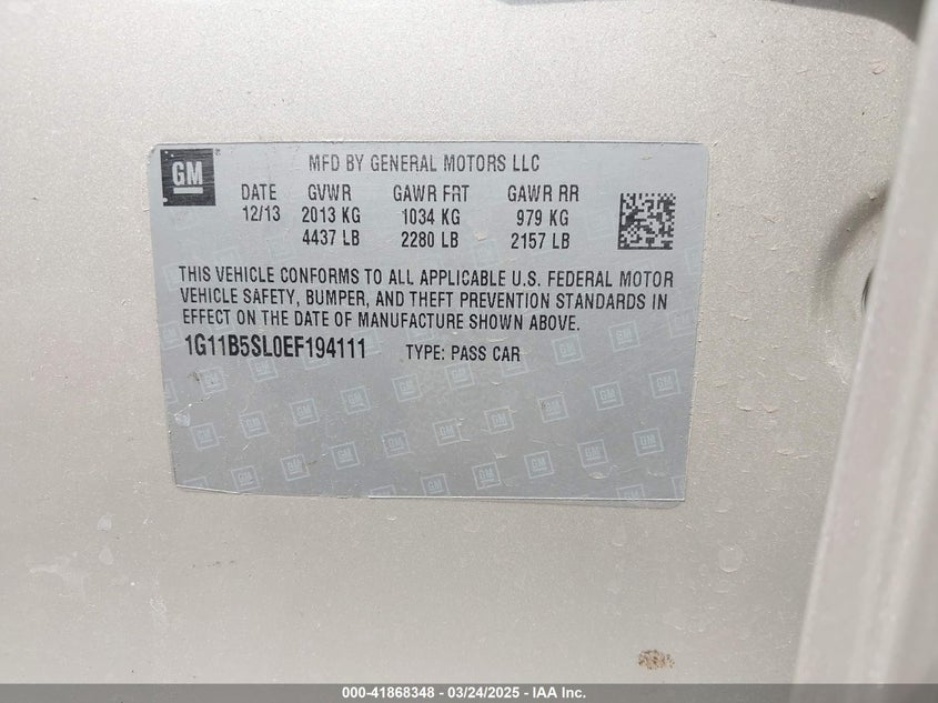 2014 Chevrolet Malibu 1Ls VIN: 1G11B5SL0EF194111 Lot: 41868348