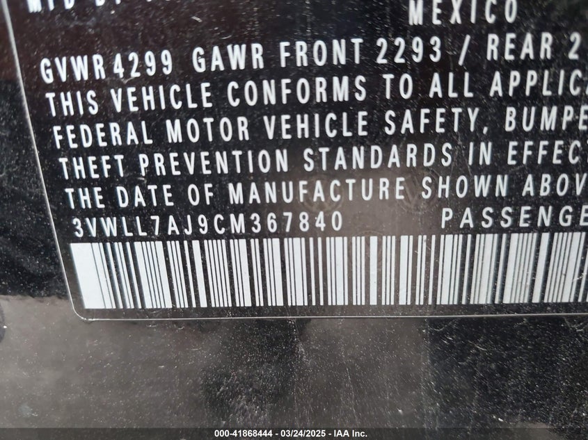 2012 Volkswagen Jetta 2.0L Tdi VIN: 3VWLL7AJ9CM367840 Lot: 41868444