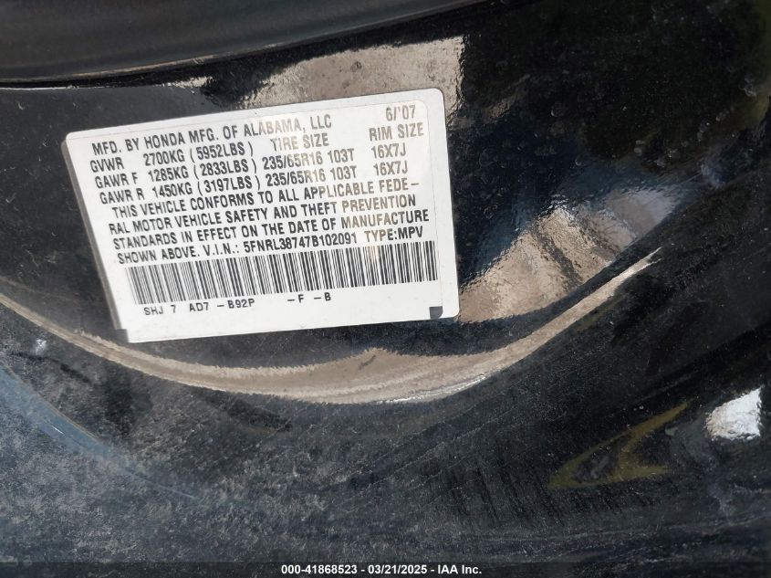 2007 Honda Odyssey Ex-L VIN: 5FNRL38747B102091 Lot: 41868523