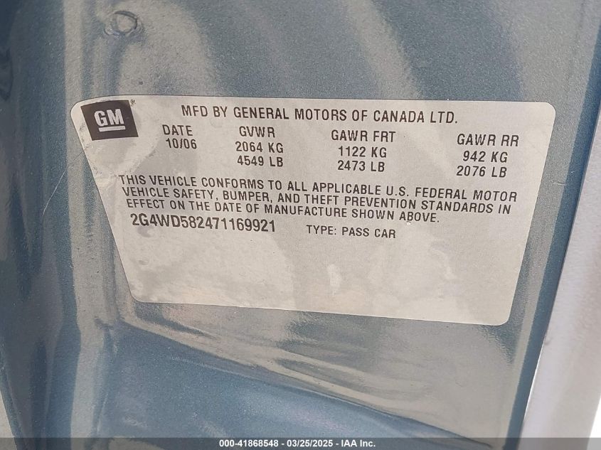 2007 Buick Lacrosse Cxl VIN: 2G4WD582471169921 Lot: 41868548