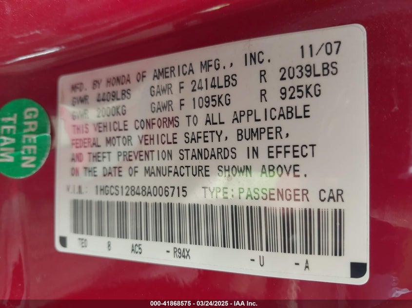 2008 HONDA ACCORD VIN: 1HGCS12848A006715