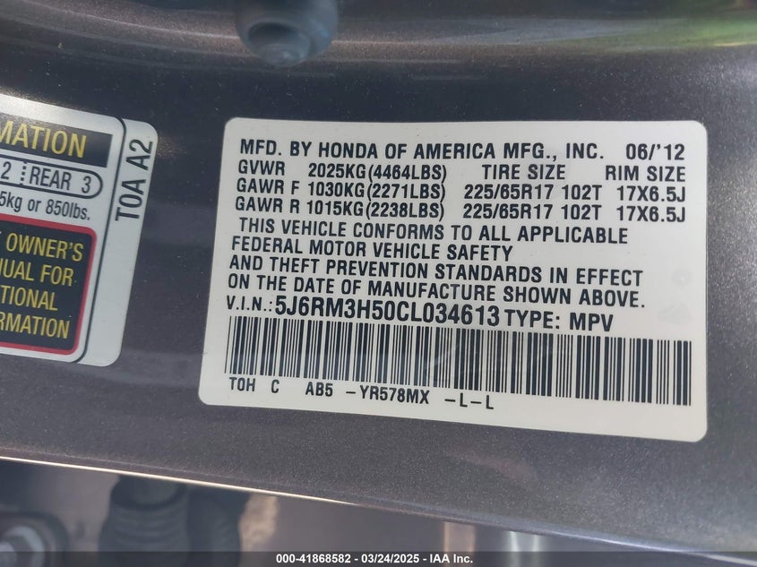 2012 HONDA CR-V VIN: 5J6RM3H50CL034613