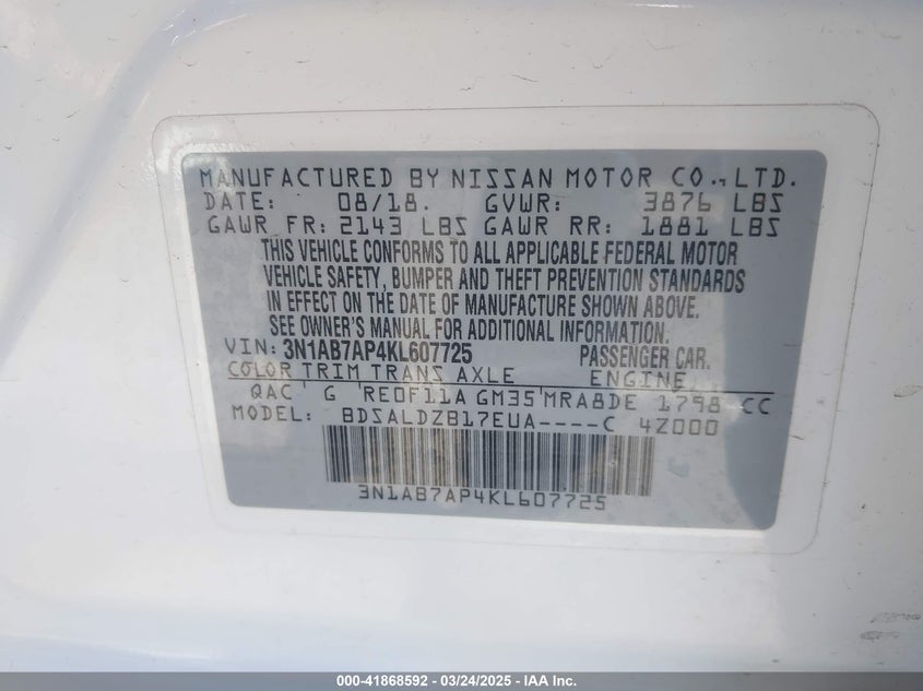 2019 NISSAN SENTRA VIN: 3N1AB7AP4KL607725