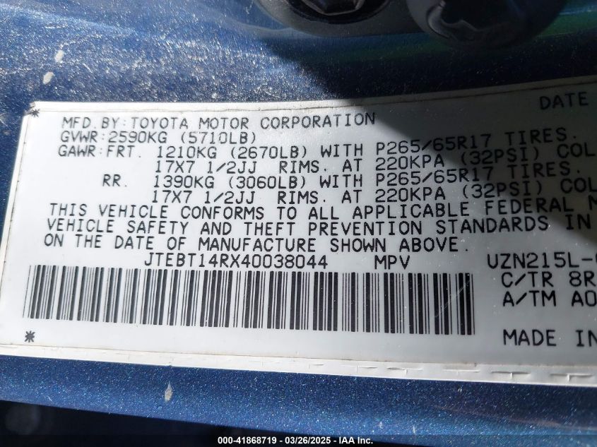 2004 Toyota 4Runner Sr5 V8 VIN: JTEBT14RX40038044 Lot: 41868719