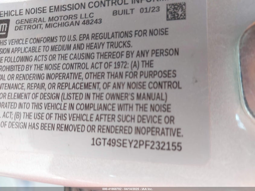 2023 GMC Sierra 3500Hd 4Wd Long Bed Pro VIN: 1GT49SEY2PF232155 Lot: 41868782