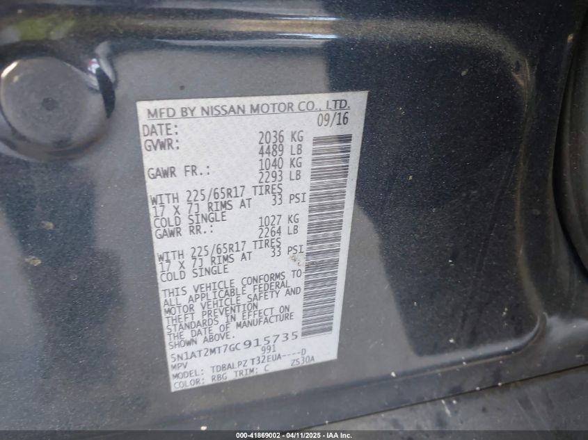 2016 Nissan Rogue S VIN: 5N1AT2MT7GC915735 Lot: 41869002