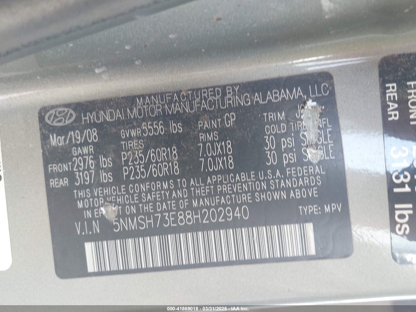 2008 HYUNDAI SANTA FE VIN: 5NMSH73E88H202940