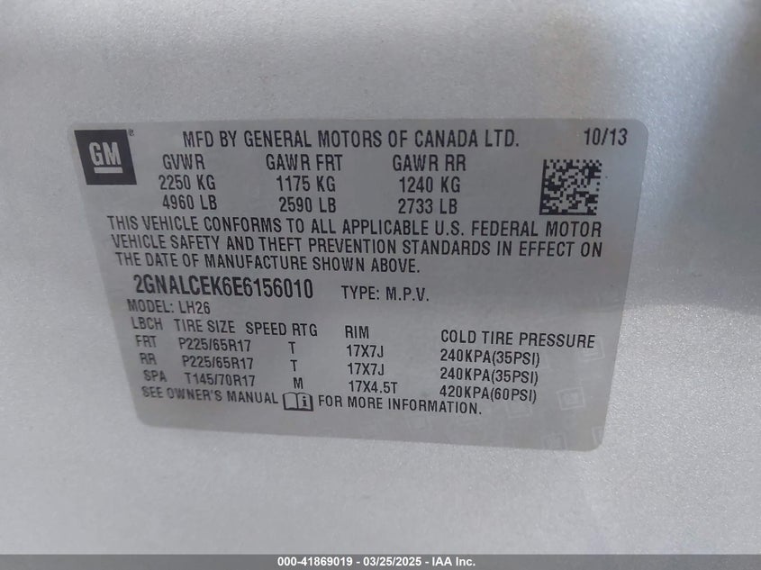 2014 CHEVROLET EQUINOX VIN: 2GNALCEK6E6156010