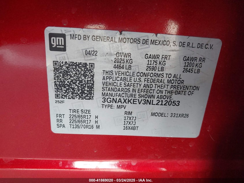2022 CHEVROLET EQUINOX VIN: 3GNAXKEV3NL212053