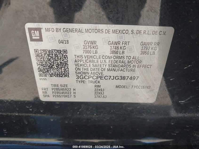 2018 CHEVROLET SILVERADO 1500 VIN: 3GCPCPEC7JG387497
