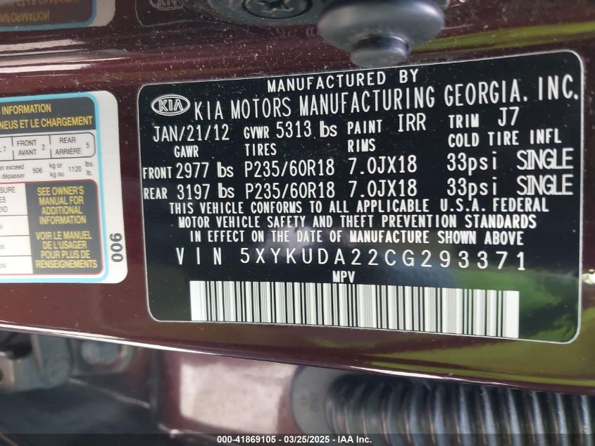 2012 Kia Sorento Ex V6 VIN: 5XYKUDA22CG293371 Lot: 41869105
