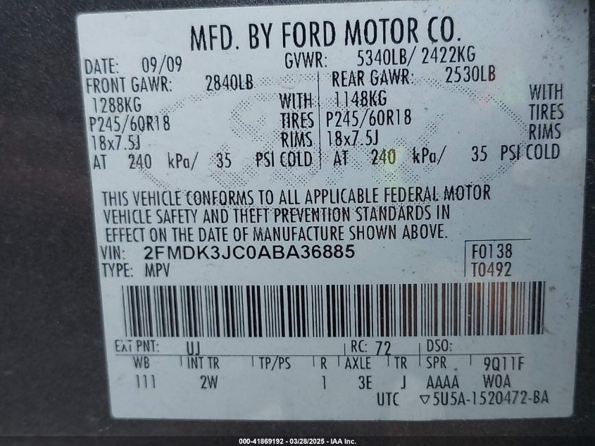 2010 Ford Edge Sel VIN: 2FMDK3JC0ABA36885 Lot: 41869192