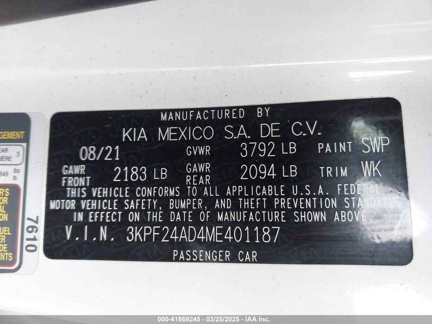 VIN 3KPF24AD4ME401187 2021 KIA FORTE LXS