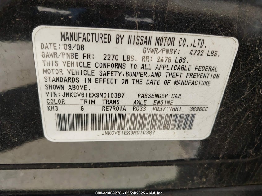 2009 INFINITI G37 VIN: JNKCV61EX9M010387
