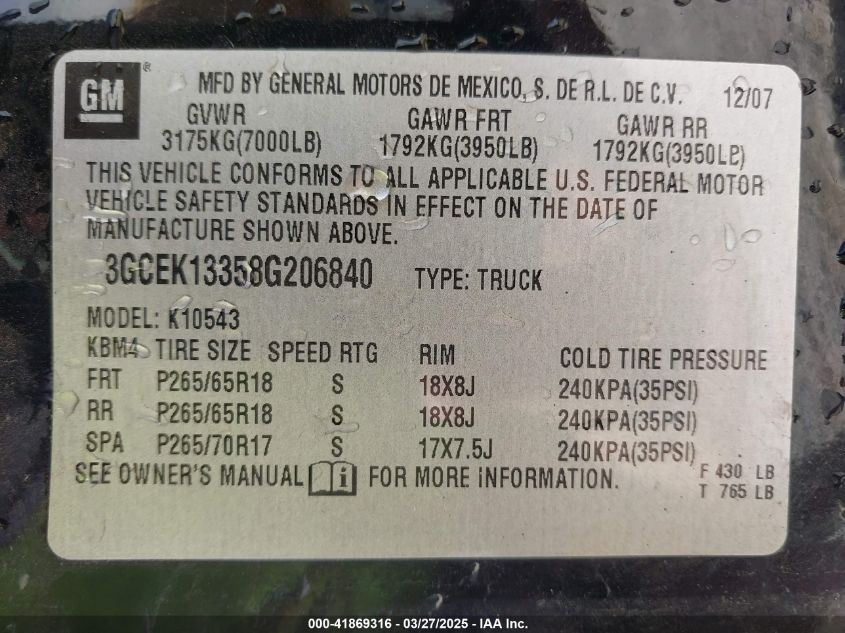 2008 Chevrolet Silverado 1500 Ltz VIN: 3GCEK13358G206840 Lot: 41869316