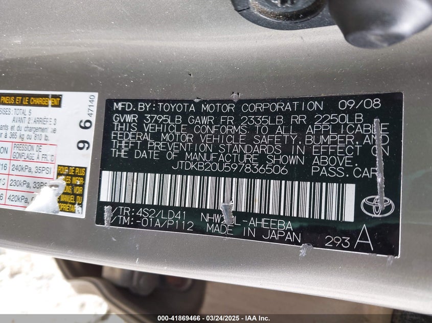 2009 TOYOTA PRIUS VIN: JTDKB20U597836506
