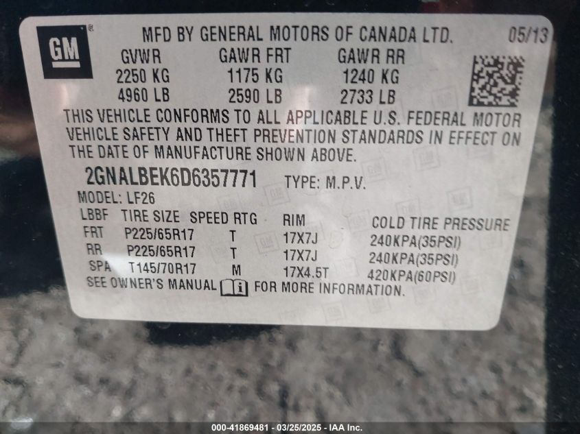 2013 Chevrolet Equinox Ls VIN: 2GNALBEK6D6357771 Lot: 41869481