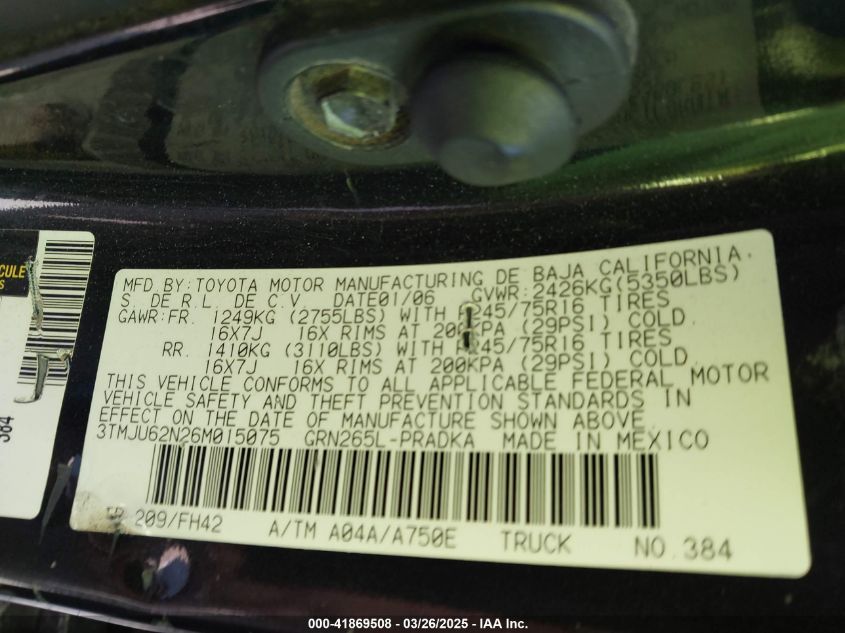 2006 Toyota Tacoma Prerunner V6 VIN: 3TMJU62N26M015075 Lot: 41869508