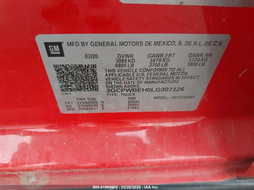 2020 CHEVROLET SILVERADO VIN: 3GCPWBEH0LG307126