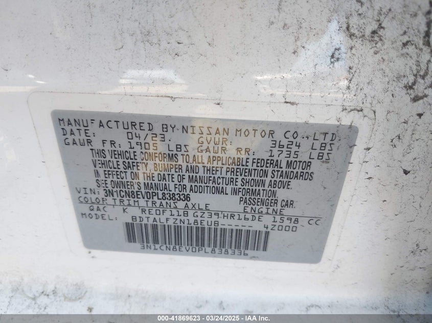 2023 NISSAN VERSA VIN: 3N1CN8EV0PL838336