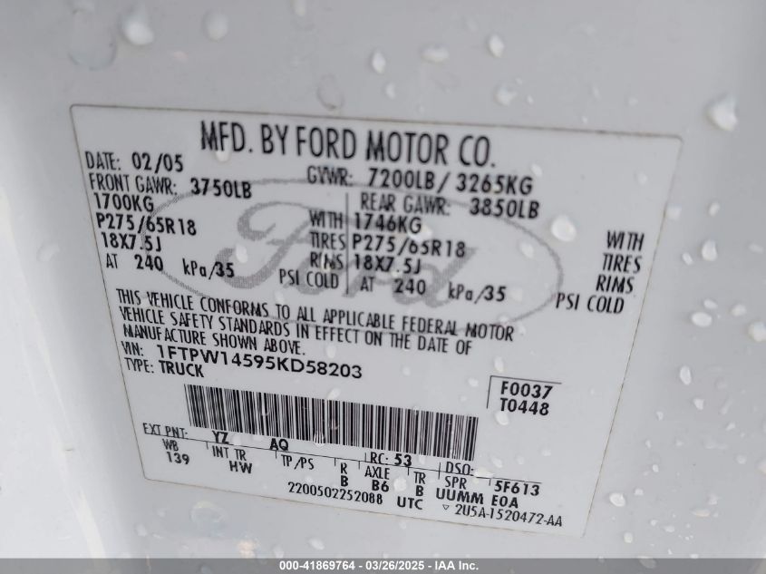 2005 Ford F-150 Fx4/Lariat/Xlt VIN: 1FTPW14595KD58203 Lot: 41869764