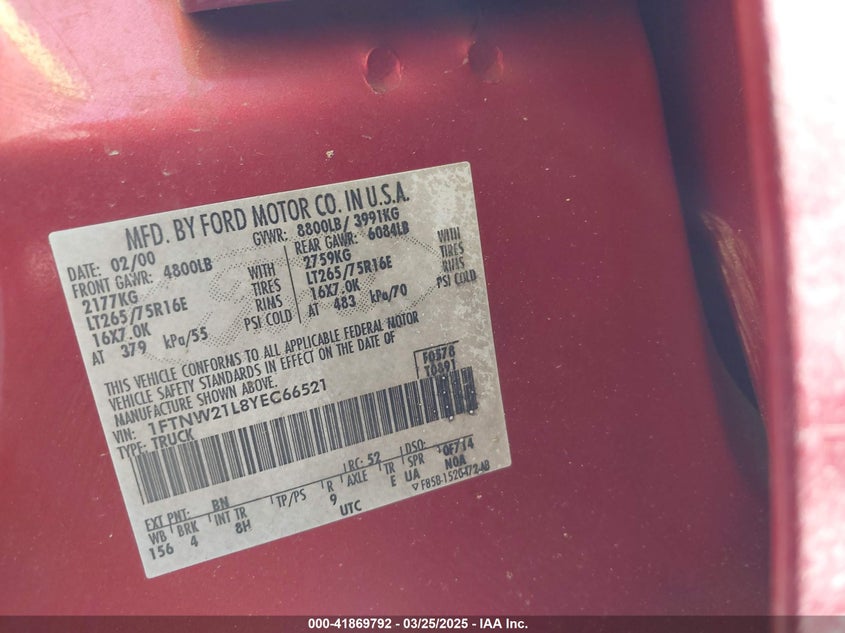 2000 Ford F-250 Lariat/Xl/Xlt VIN: 1FTNW21L8YET66521 Lot: 41869792