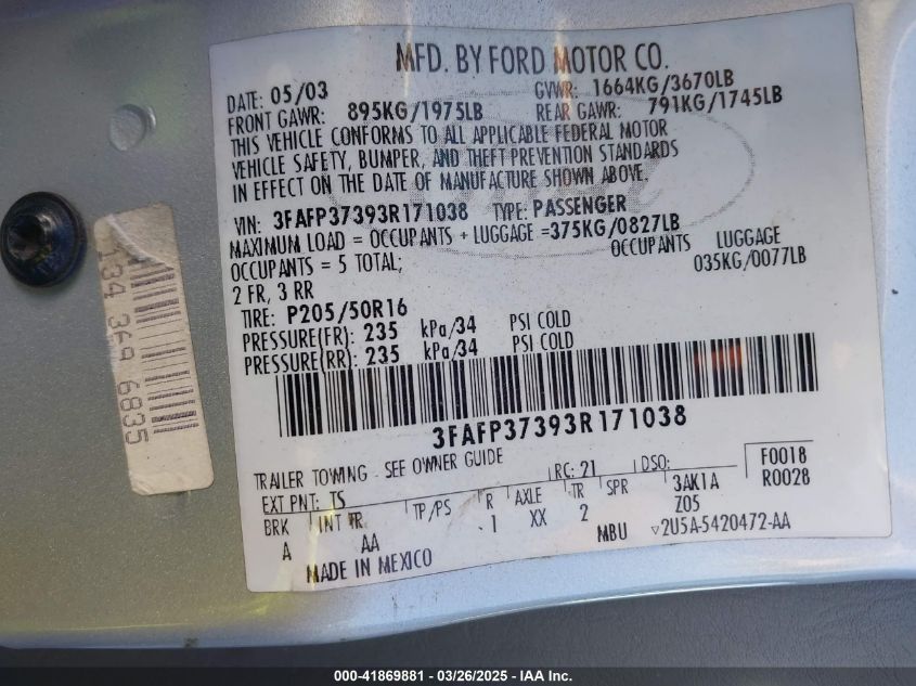 2003 Ford Focus Zx5/Zx5 Base VIN: 3FAFP37393R171038 Lot: 41869881