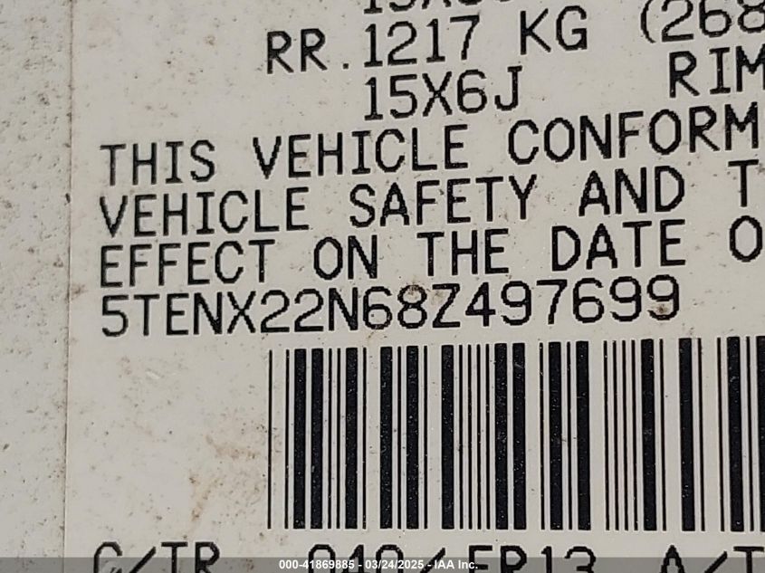 2008 Toyota Tacoma VIN: 5TENX22N68Z497699 Lot: 41869885