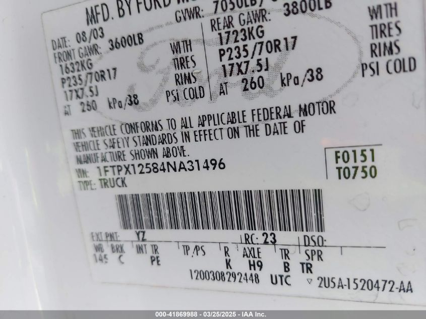 2004 Ford F-150 Lariat/Xl/Xlt VIN: 1FTPX12584NA31496 Lot: 41869988