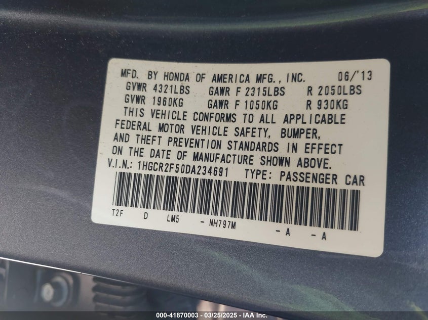 2013 HONDA ACCORD VIN: 1HGCR2F50DA234691