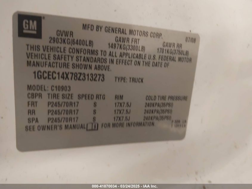 2008 Chevrolet Silverado 1500 Work Truck VIN: 1GCEC14X78Z313273 Lot: 41870034