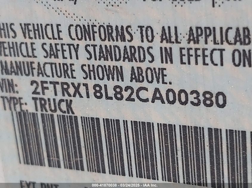 2002 Ford F-150 King Ranch/Lariat/Xl/Xlt VIN: 2FTRX18L82CA00380 Lot: 41870038
