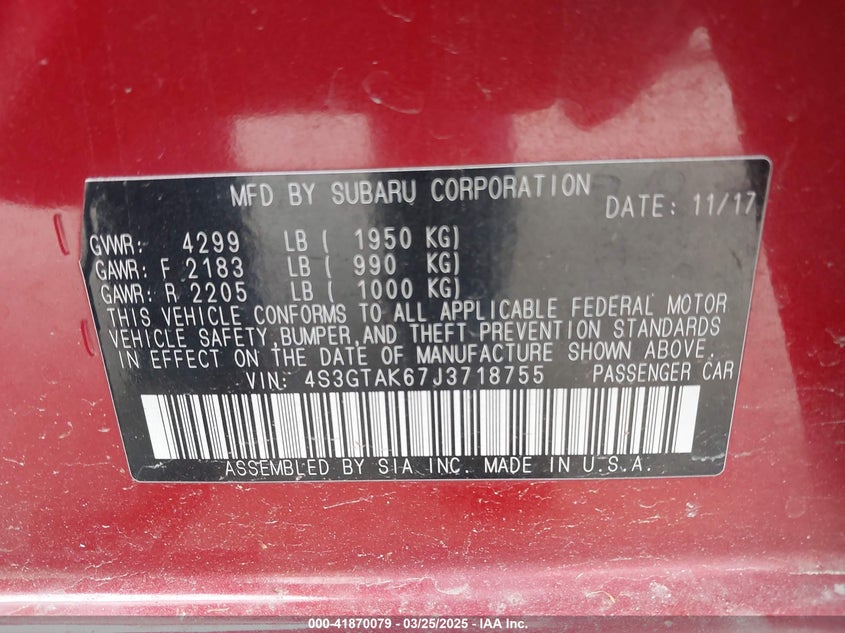 2018 SUBARU IMPREZA VIN: 4S3GTAK67J3718755