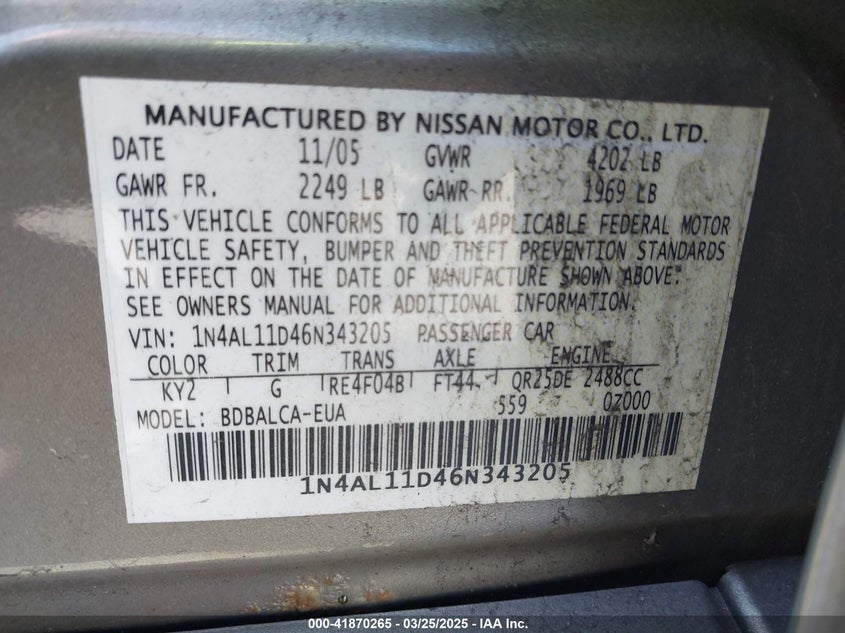2006 NISSAN ALTIMA VIN: 1N4AL11D46N343205